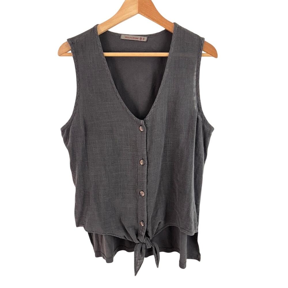 Wearables XCVI Minerva Gauze Tank Gray Women Size Medium Tie Front Lagenlook